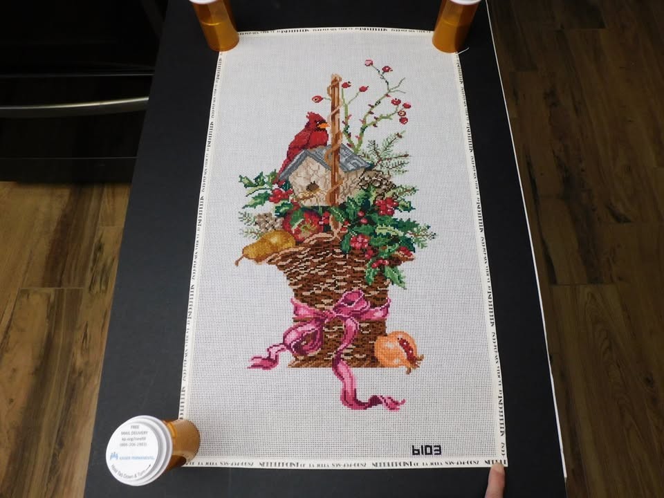 Spring Basket w/Cardinal (CJ2621) Stitch Painted Needlepoint