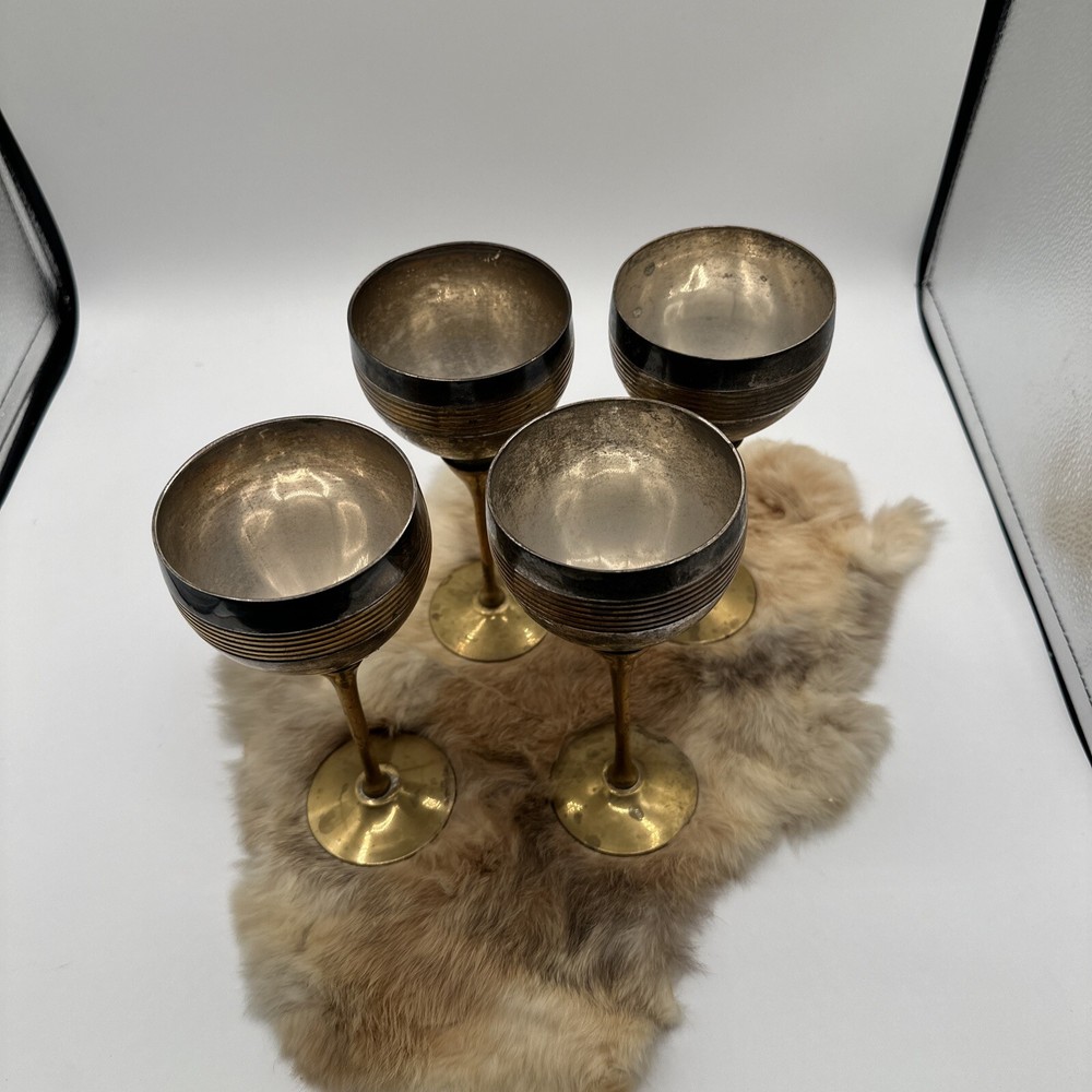 4 Vintage Brass & Silver Plated Long Stemmed Wine Goblets