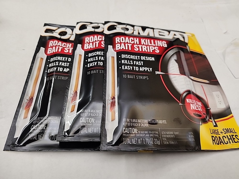 (3)Combat Roach Killing Bait Strips Kills Nest Large/Small Roaches 10 Strips Eac