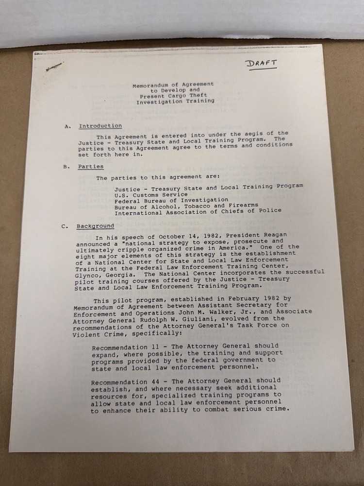 1982 FBI ATF Customs Cargo Theft Training Agreement Draft