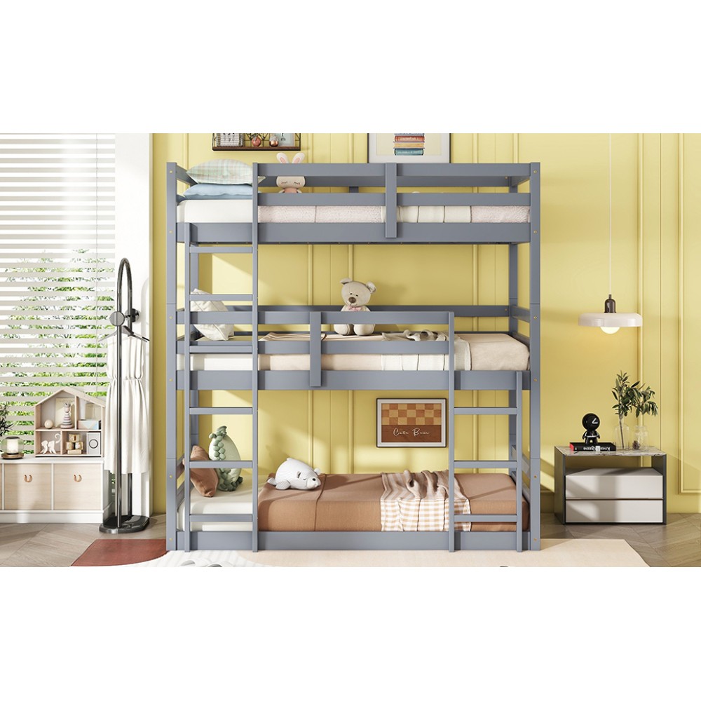 Triple Twin Bunk Bed w/ 2 Ladders, Guardrails, Detachable Grey Frame