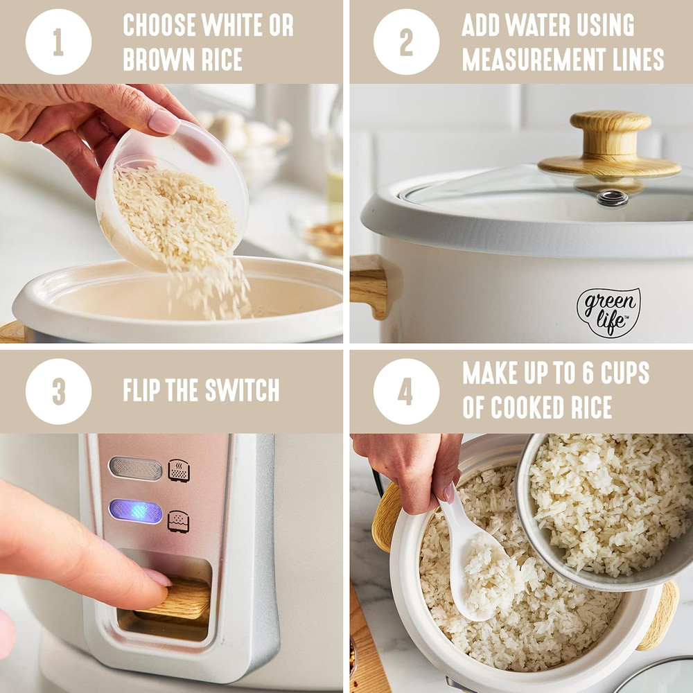 Compact Rice Cooker with Removable PFAS-Free Ceramic Pot, 3-Cup Capacity