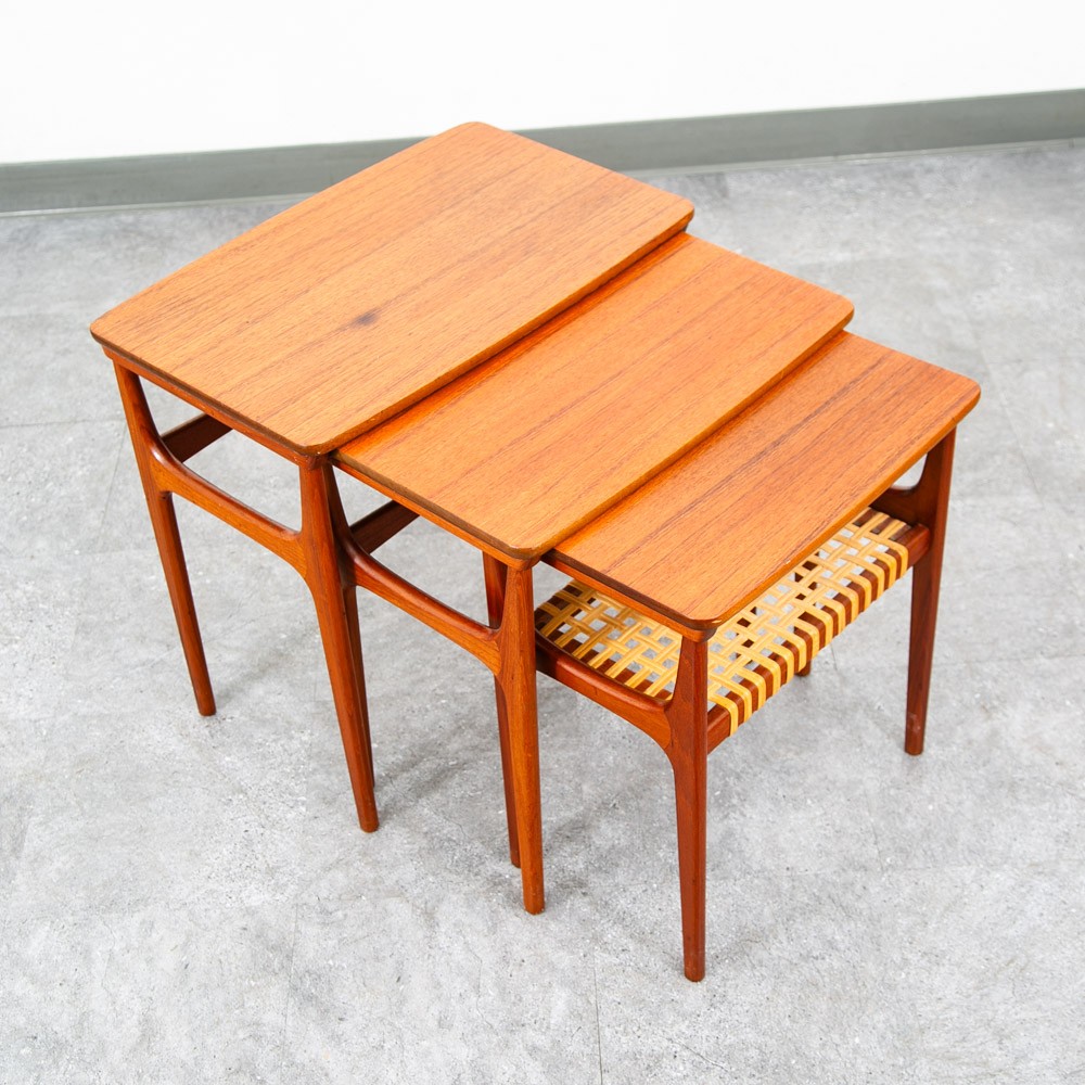 Mid Century Danish Modern Nesting Tables Solid Teak Set 3 Denmark Cane Vintage