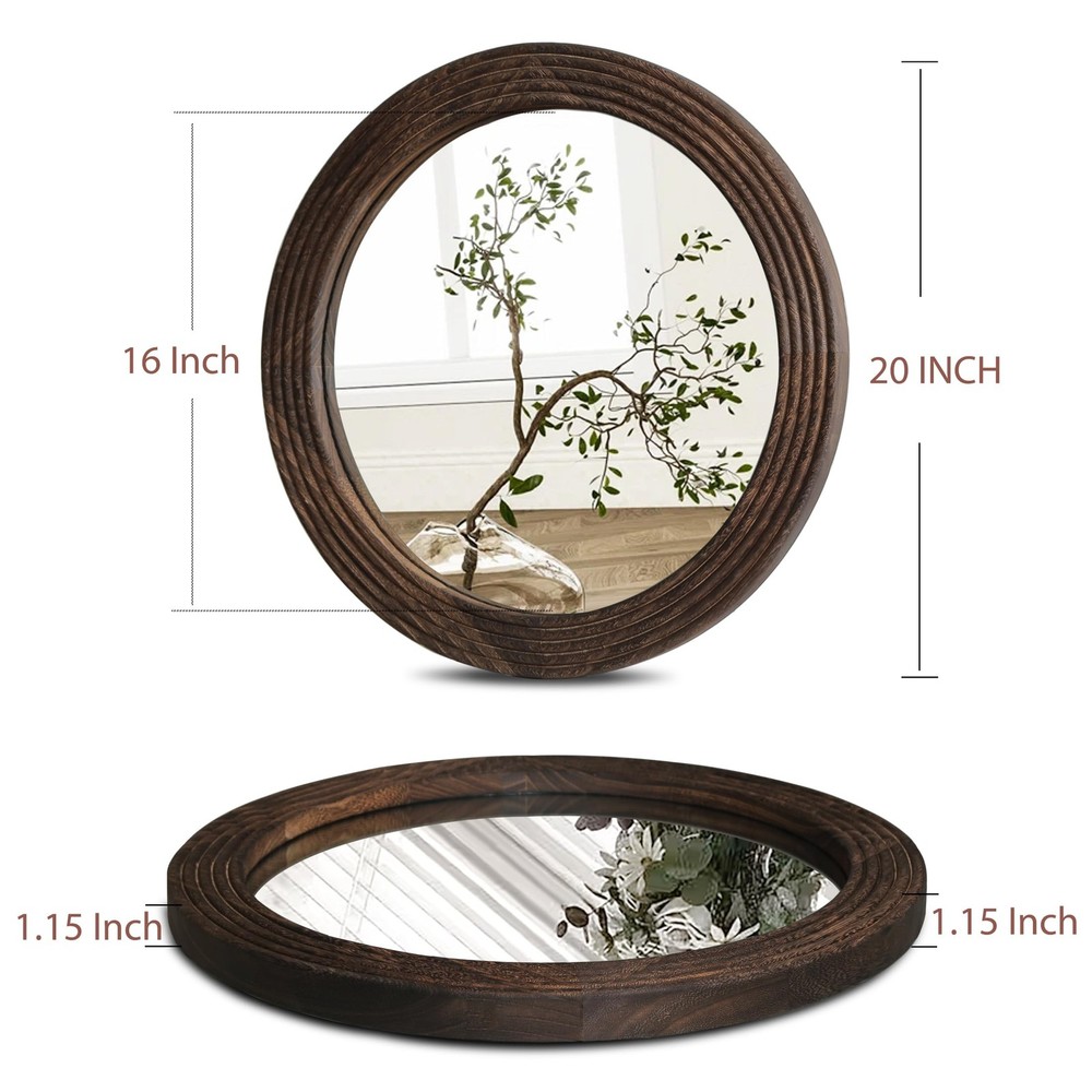 Round Mirror, Farmhouse Decor Solid Wood Frame Wall Circle Mirror, Decorative...