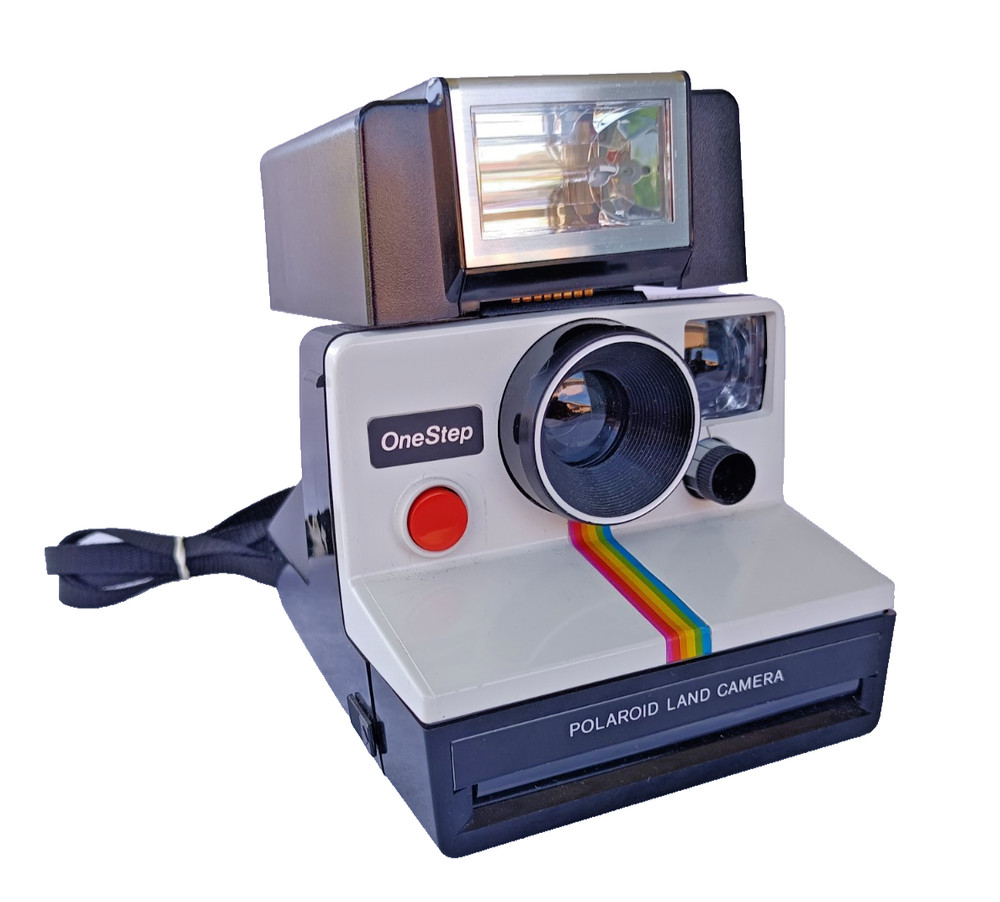 Vintage Polaroid OneStep White Rainbow Stripe Camera + ITT MAGICFLASH