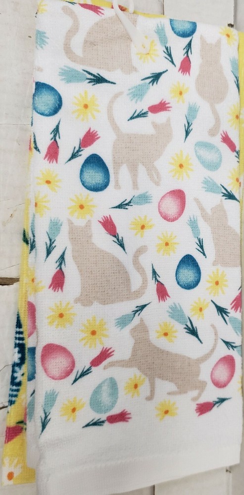 2 DIFFERENT PRINTED TERRY TOWELS (16.5"x26") EASTER,CATS,LET'S GET EGG-SITED, KO