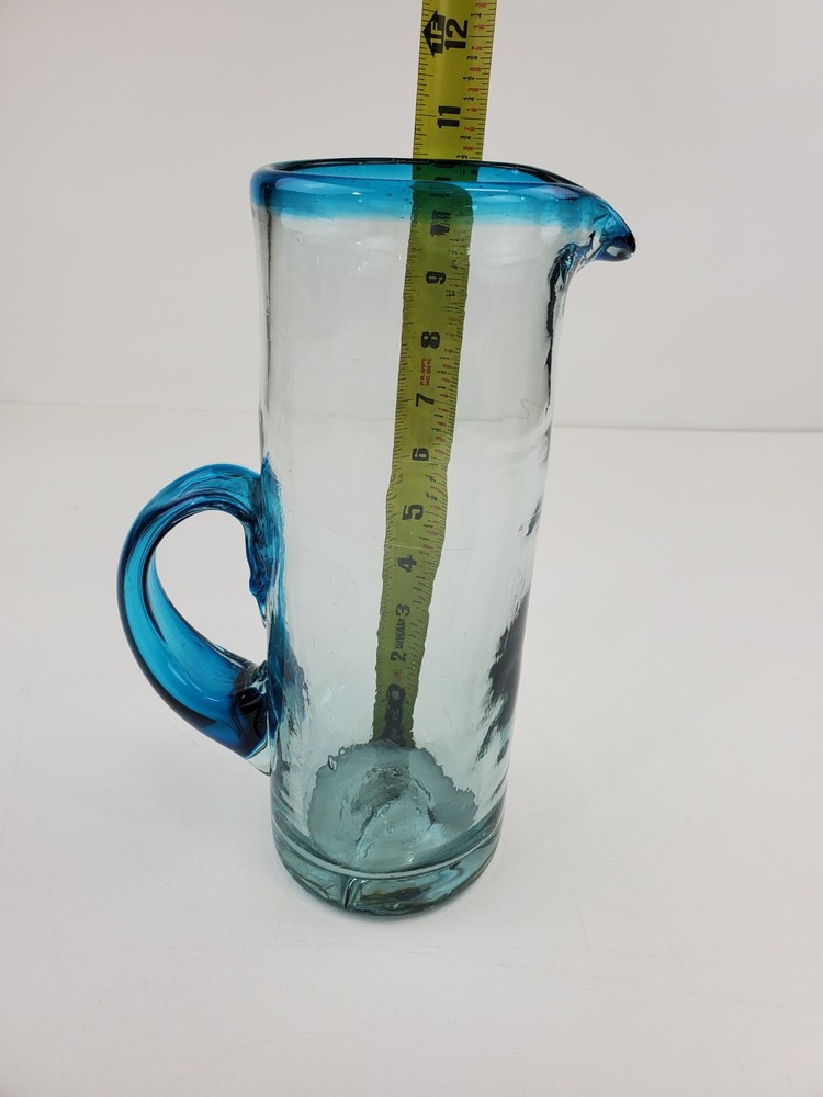 Handblown Tall Blue Heavy Glass Pitcher