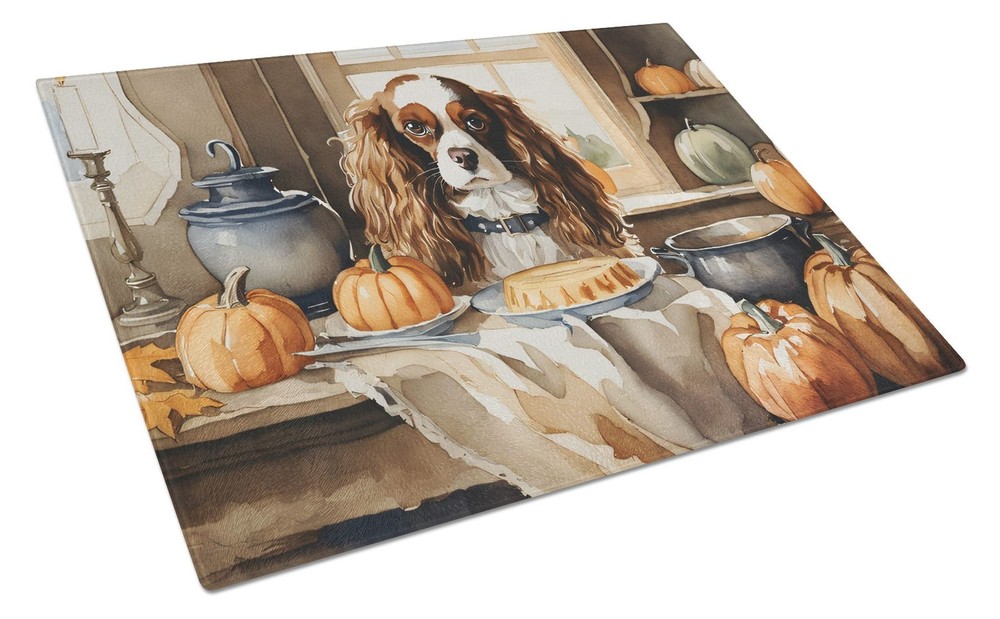 NEW Cavalier Spaniel Fall Kitchen Pumpkins Glass Cutting Board Decorative