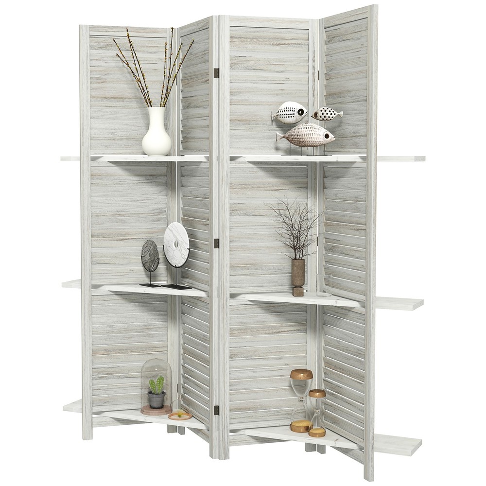 4 Panel Privacy Screen, Room Divider with 3 Shelves Distressed White