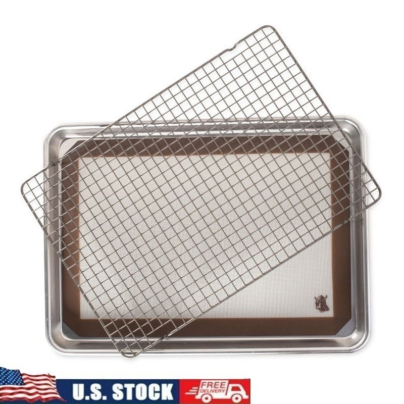 Nonstick Cookie Baking Set Half Sheet Silicone Mat Cooling Rack Bakeware New
