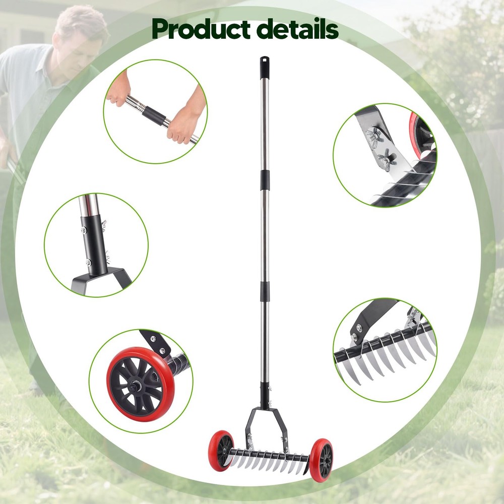 Lawn Thatch Rake with Wheels, Dethatching Roller Rake for Lawn Care, Sturdy S...
