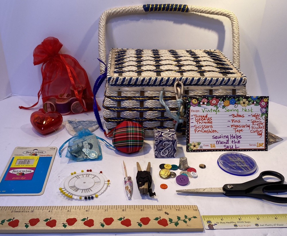 Musical Wicker Sewing Basket Notions Keepsake Kit Blue