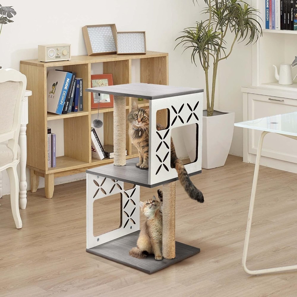 Multi-Level Contemporary Cat Tree 31" Features 2 Sisal-Covered Scratching Posts