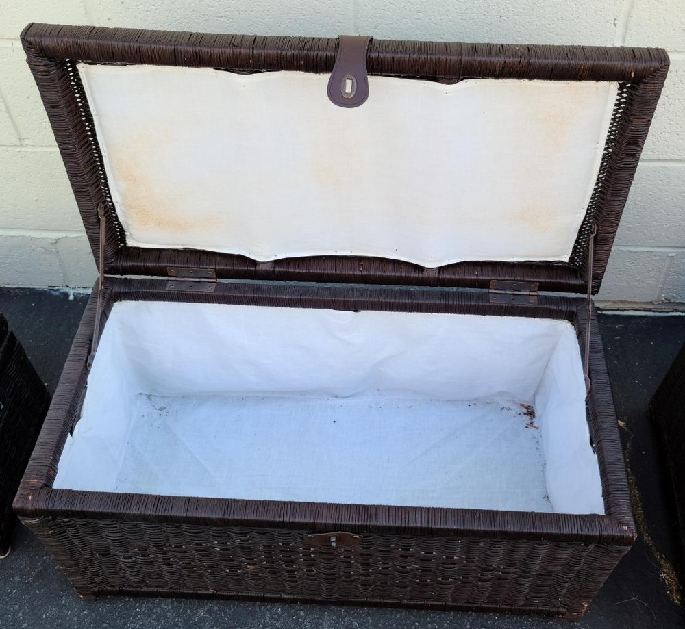 Beautiful Set of Three Nesting Wicker Storage Trunks – Hinged Lids – VGC –USEFUL