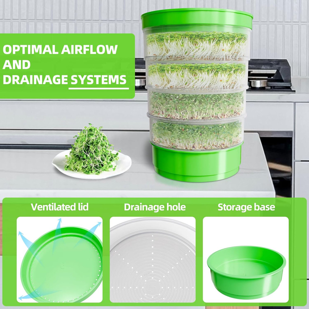 4-Tier Seed Sprouting Kit, Stackable Microgreens Growing Kit with Drain Trays An