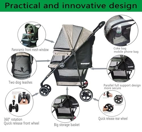 3 Wheel Dog Pet Cat Stroller Best Lightweight Foldable Compact Light khaki