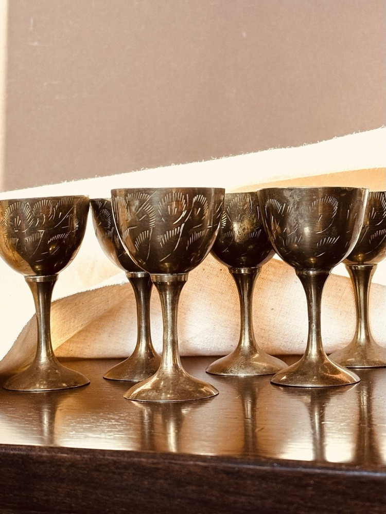 6 Antique Traditional Arabic Turkish Persian Solid Brass Cups