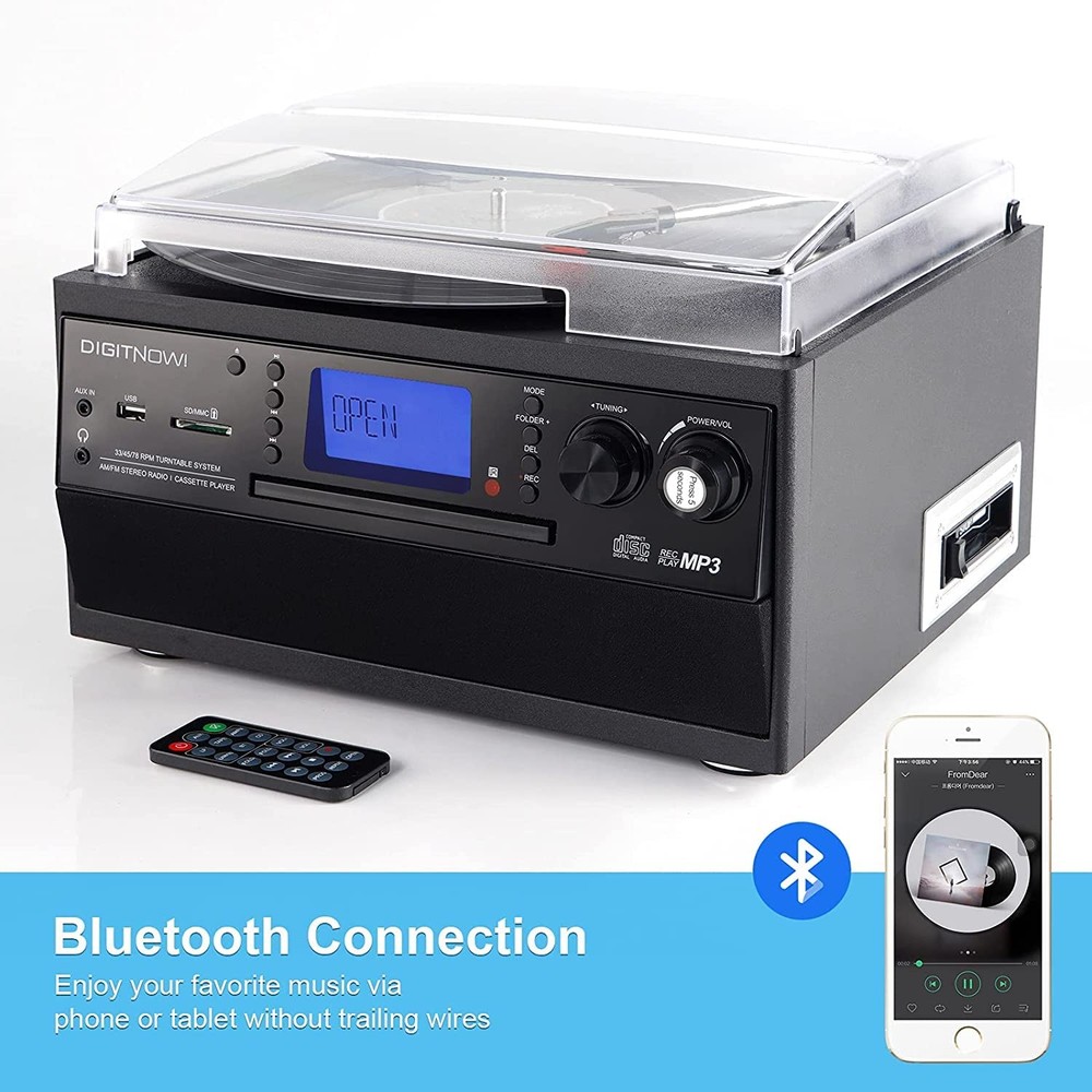 DIGITNOW Bluetooth Record Player Turntable with Black record player, Black-S