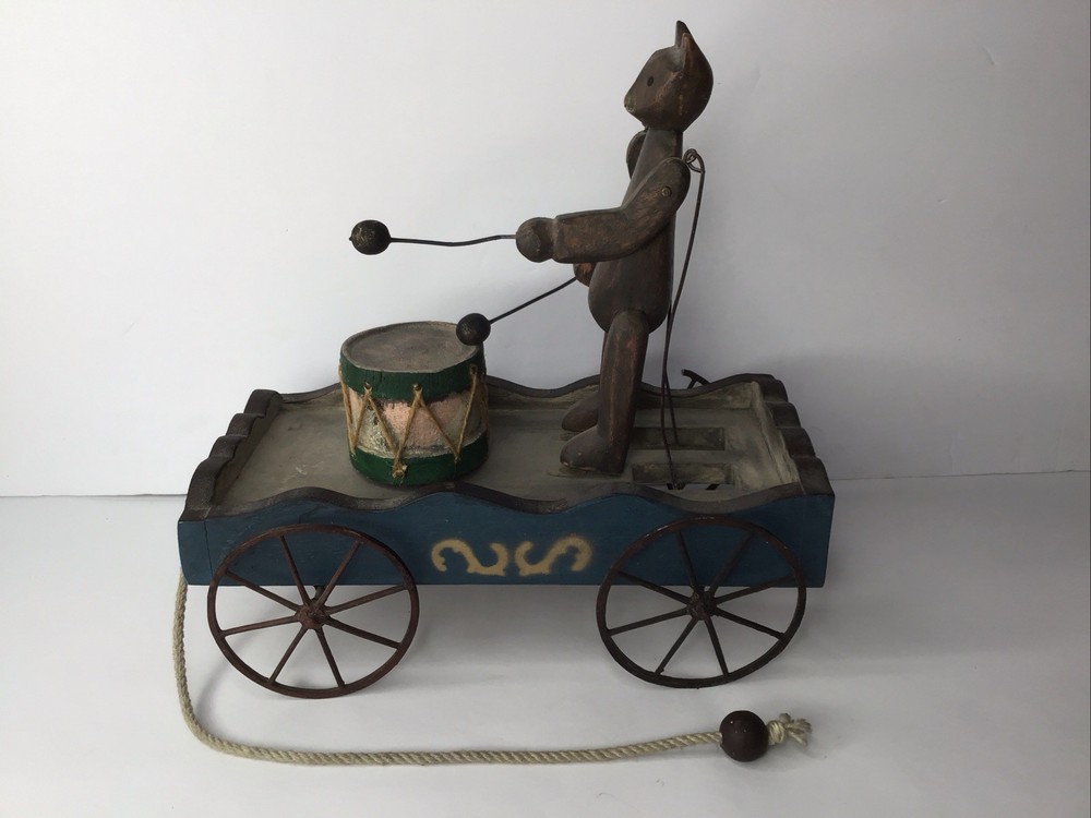 Bear Drumming Pull Toy Wood and Metal Wagon