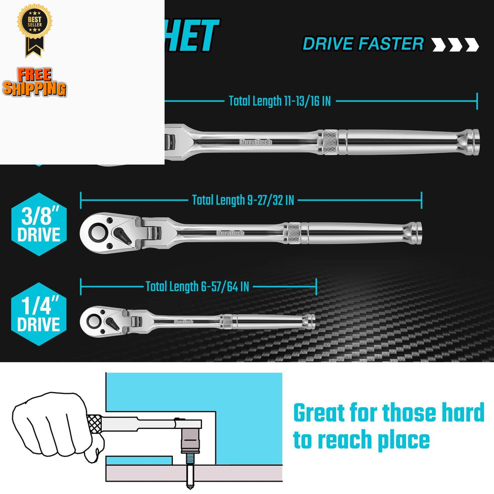 DURATECH 3-Piece Flex-Head Ratchet Set, 1/4", 3/8", 1/2" Drive, Silver