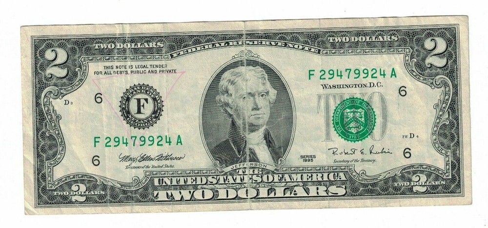 1995 $2 DOLLARS GREEN SEAL/PRICE FOR ONE SINGLE NOTE