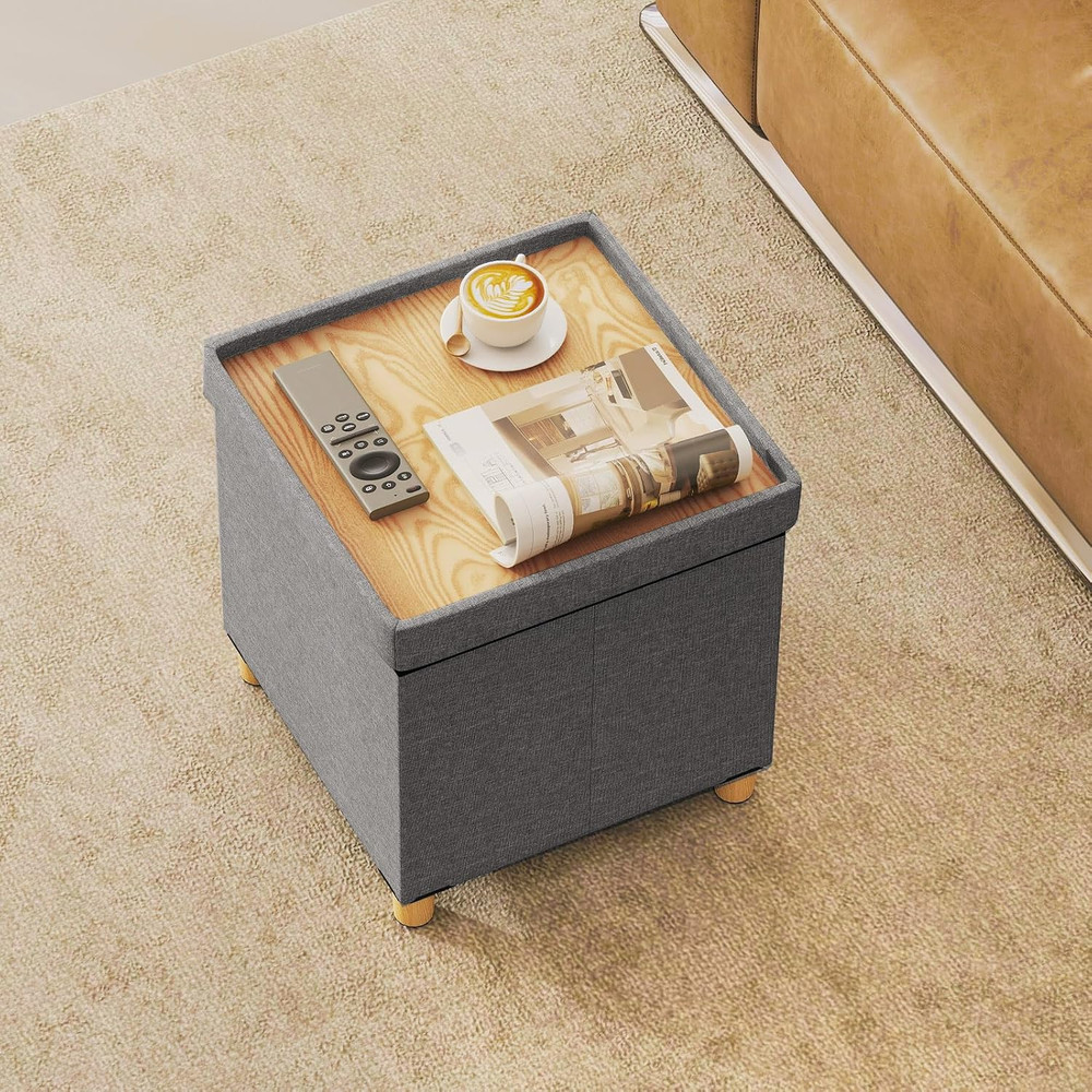 Small Storage Ottoman Cube with Tray Lid, Folding Linen Fabric Foot Stool with E