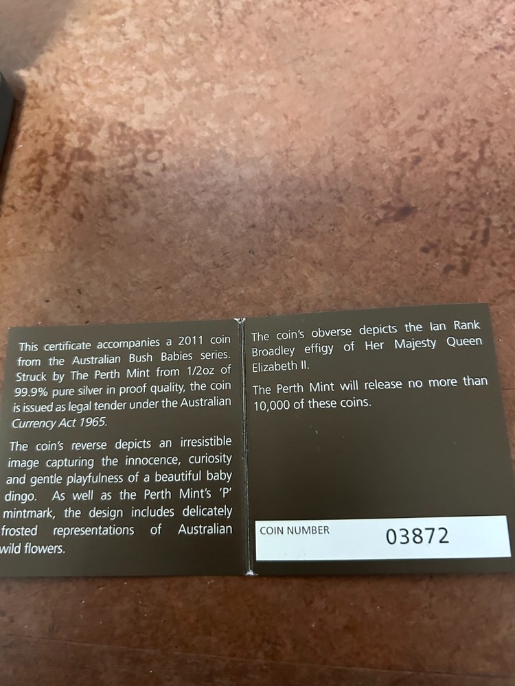 50 cent Australian Bush Babies Dingo Australia 1/2 oz Silver 2011 Proof