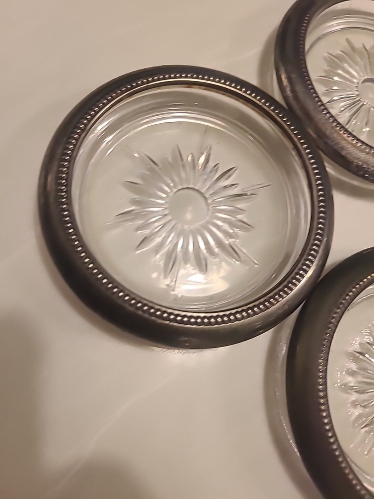 3 Leonard silver-plated rim glass coasters