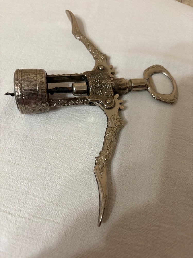 Corkscrew - Heavy Silver-Tone Corkscrew with Grape Clusters and Grapevine Design