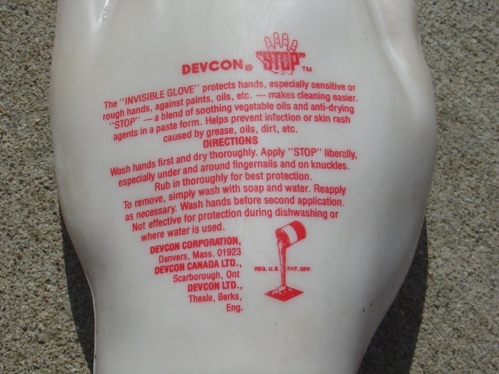 Vtg Devcon Stop Plastic Human Hand Palm Shape Bottle Garage Mechanic Cleaner