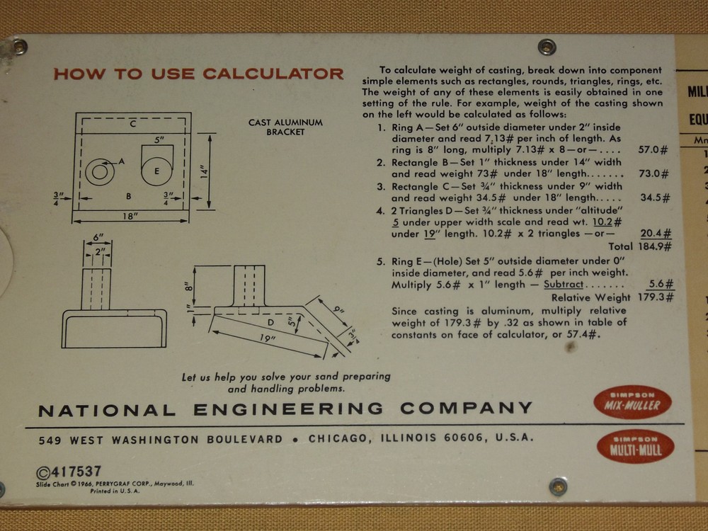 VINTAGE 1966 SIMPSON CASTING WEIGHT SLIDE CHART CALCULATOR