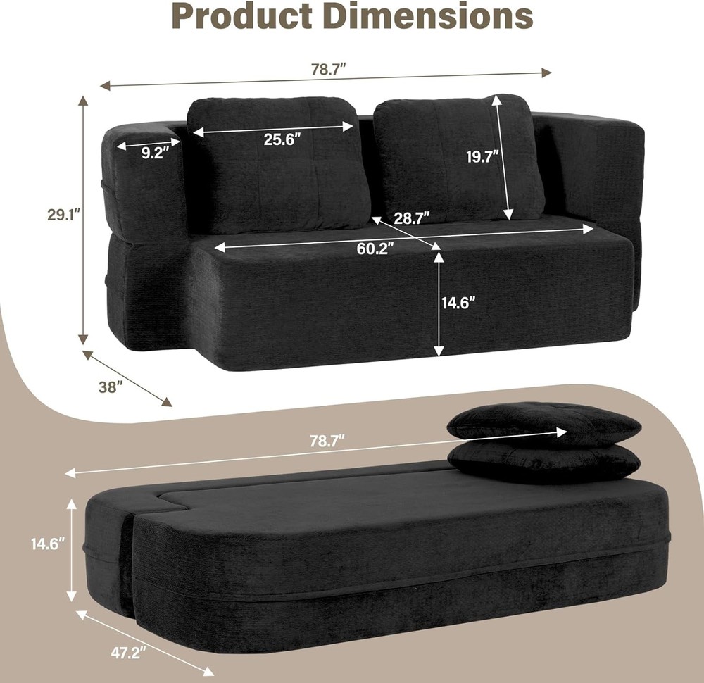 Convertible Sofa Bed Queen Folding Cloud Couch Black No Assembly w/Blanket