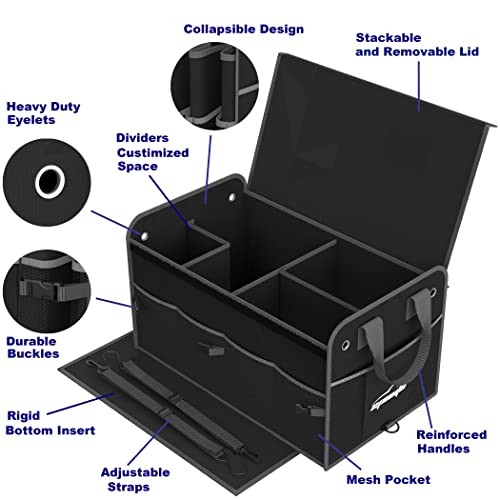 Car Trunk Organizer with Adjustable Multi 3-Compartment w/ Lids Black