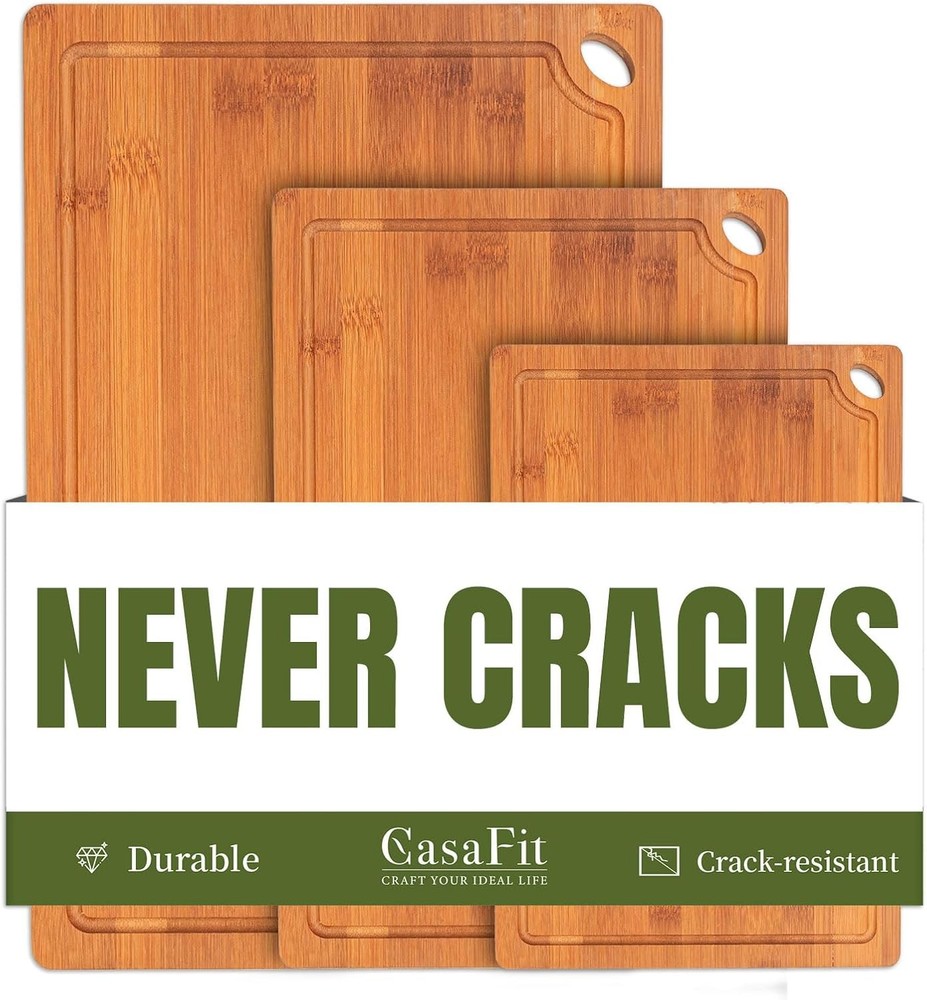 3-Piece Organic Bamboo Cutting Board Set Kitchen Carbonized Extra Sturdy