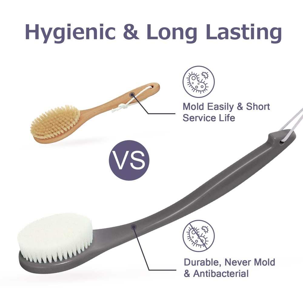 Exfoliating Shower Brush Back Scrubber Long Handle, Plastic Bath Moderate Grey