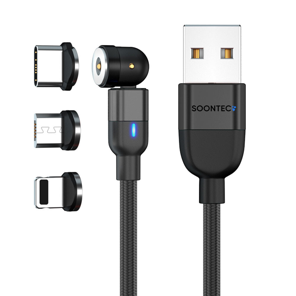 2M Magnetic Charging Cable Swivel Micro USB/USB-C/iPhone 2.4A Charging Lead Black