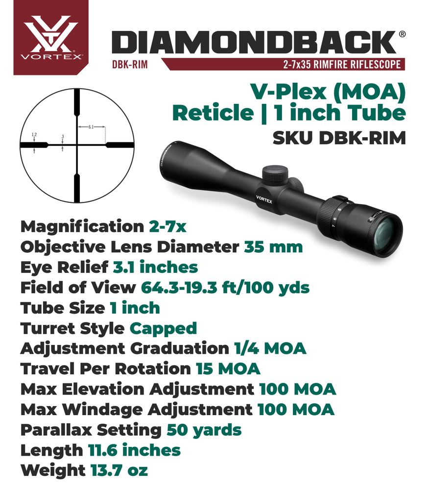 Vortex Optics Diamondback 2-7x35 Rimfire Riflescope V-Plex w Free Hat
