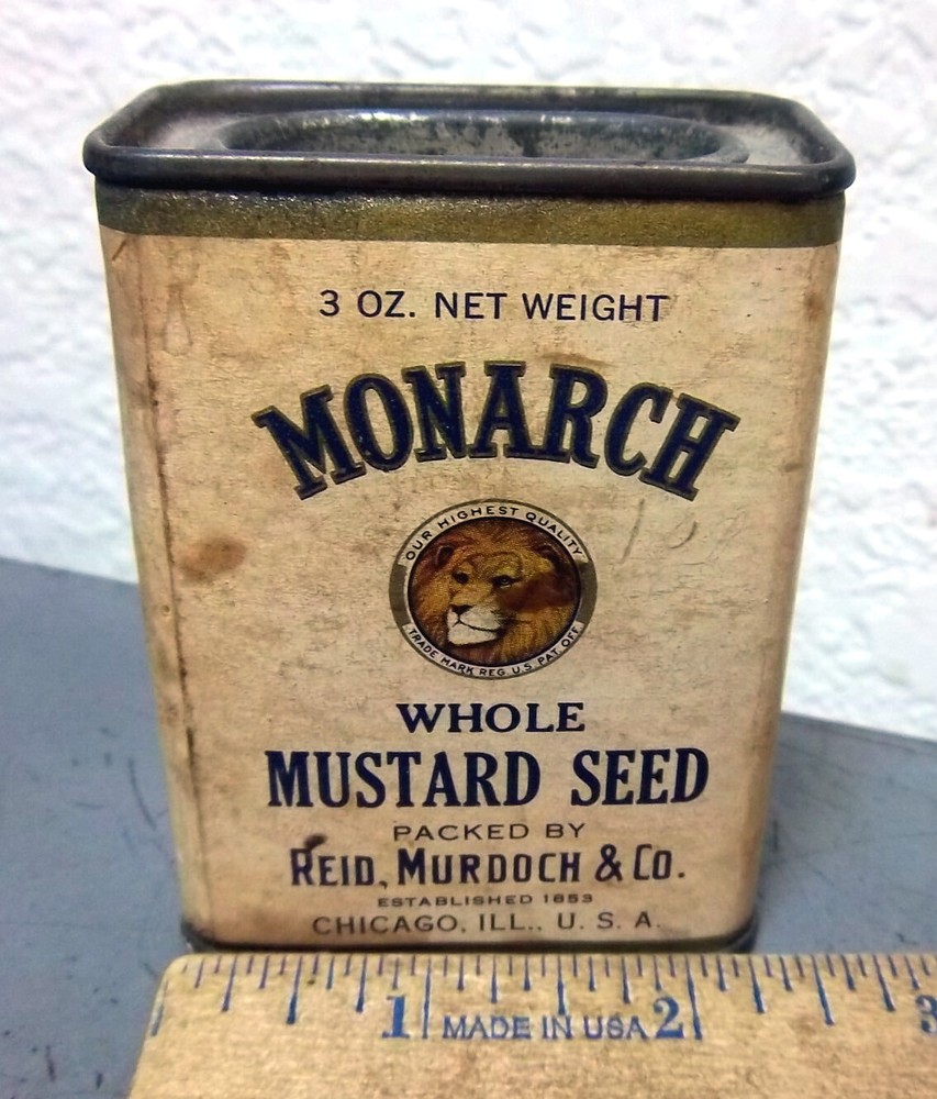 Vintage Monarch MUSTARD SEED 3 oz spice tin mostly full, great graphics & colors