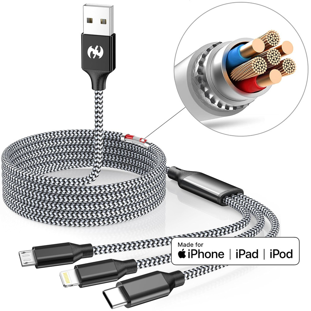 Multi Charging Cable 6Ft 2Pack 3 in 1 Charger Cord, Multiple Rapid Nylon Braided