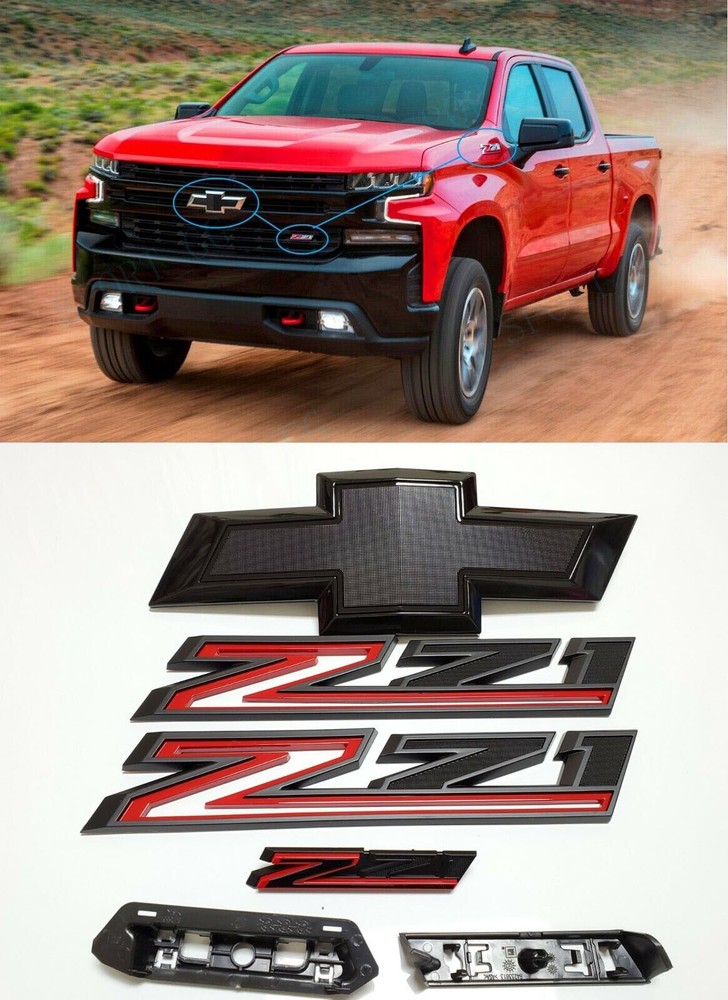 4PC 2019-2021 Red Black Silverado 1500 Bowtie Grille Front Z71 Fender Emblems
