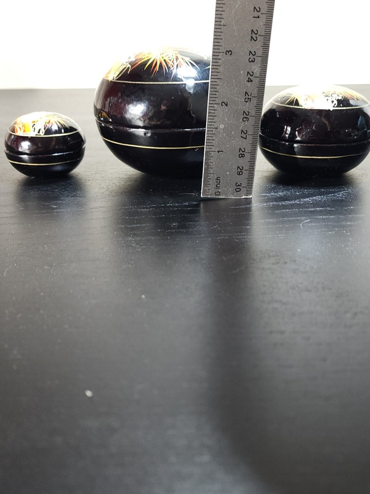 Painted Enamel STORKS ON THREE NESTING TRINKET BOXES Asian Lacquerware VIETNAM