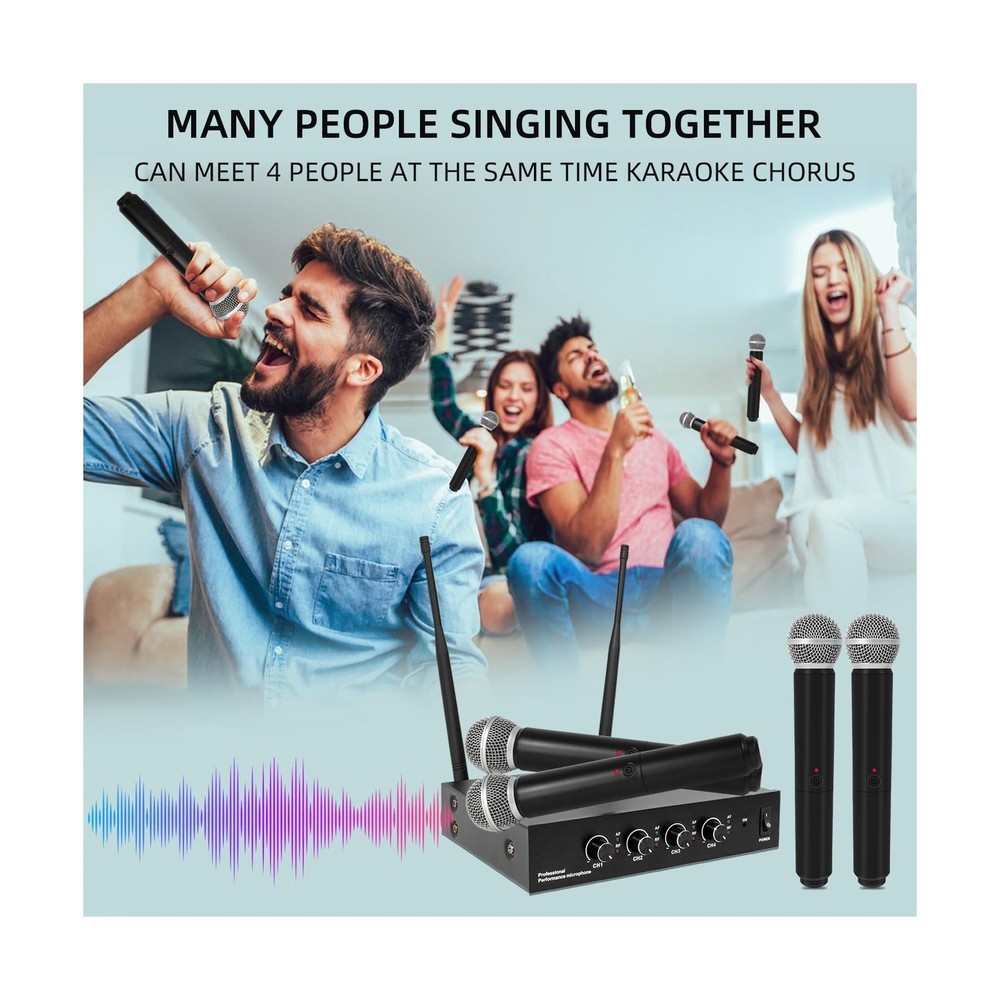 Wireless Microphone System, 4-Channel Wireless Mic with 4 Handhelds Dynamic M...