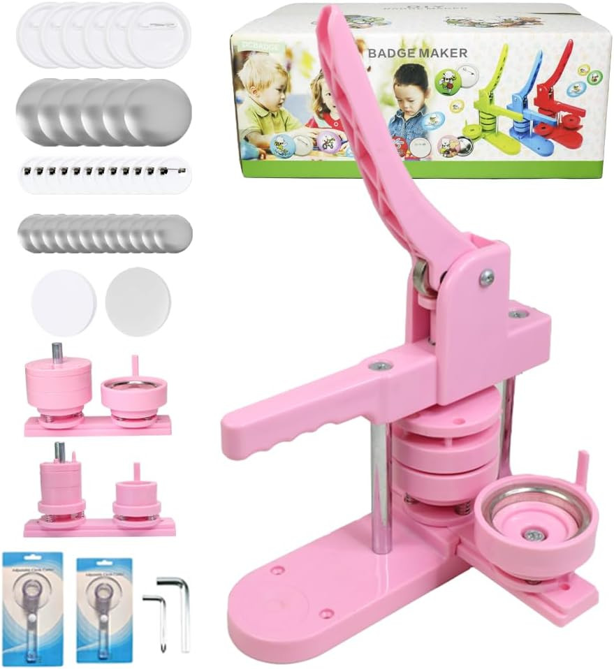 DIY Button Maker Kit - Interchangeable Sizes, Free Parts & Circle Cutter (Pink)