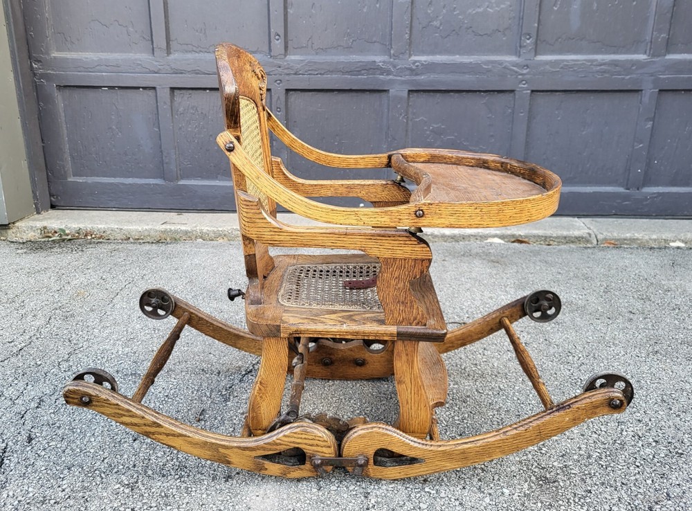 Antique Oak Folding High Chair Rocker Stroller Combination c1900