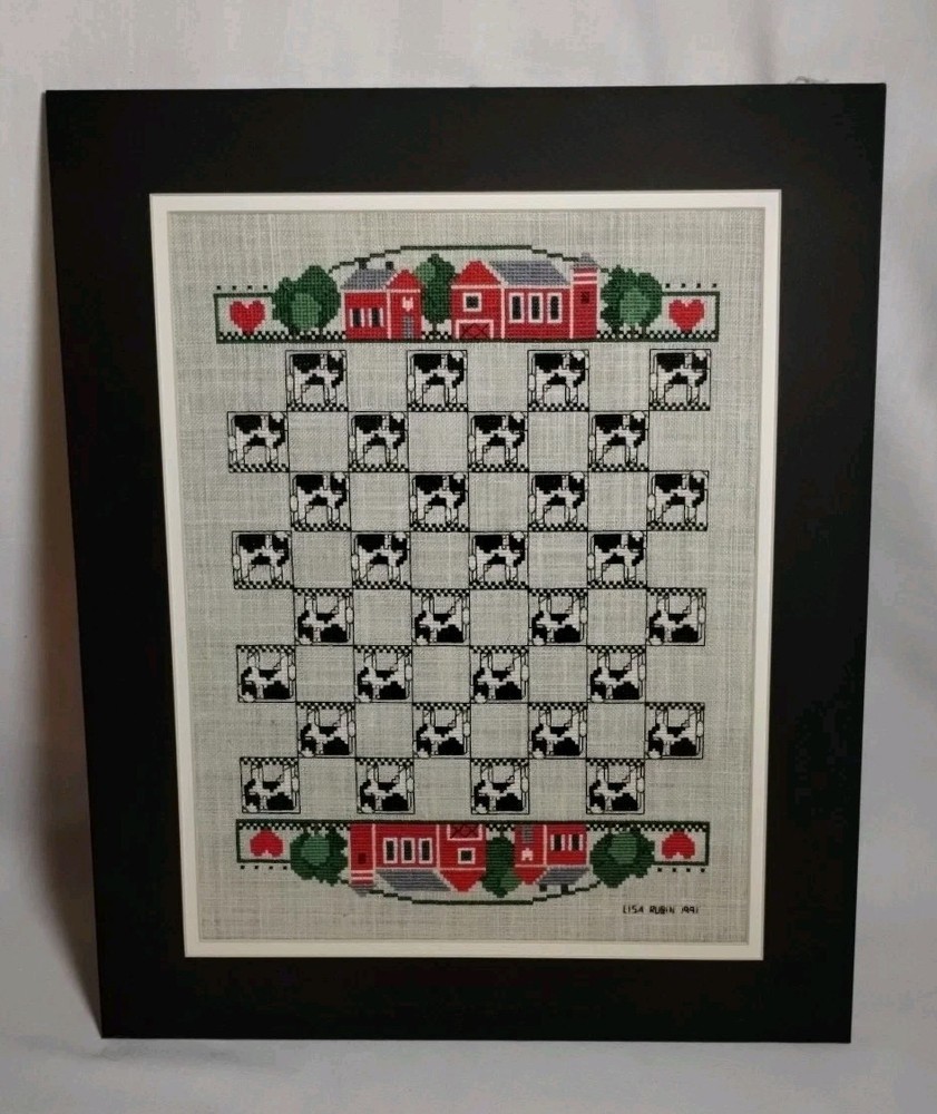 COMPLETED CROSS STITCH CHECKERBOARD, MATTED, EXCELLENT