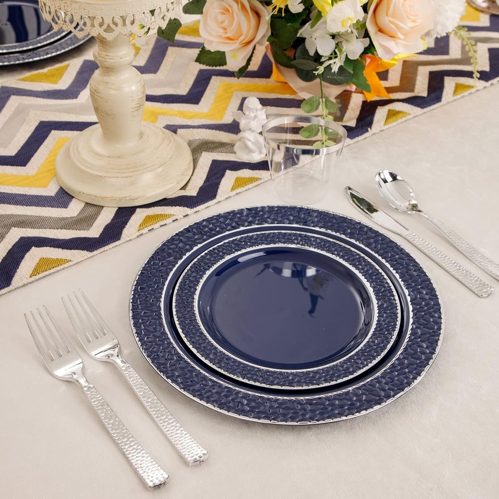 PCS Plastic Plates - Blue Disposable Plate include 50 Blue and Silver 150