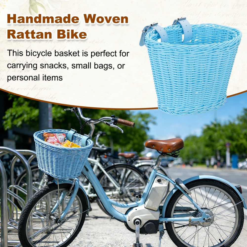 Handwoven Wicker Rainbow Bicycle Basket with Adjustable, Blue