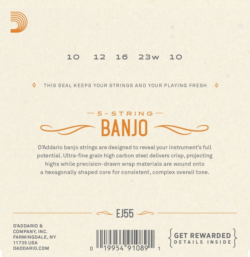 D'Addario EJ55 Phosphor Bronze Banjo Strings, Medium 10-23 Gauge