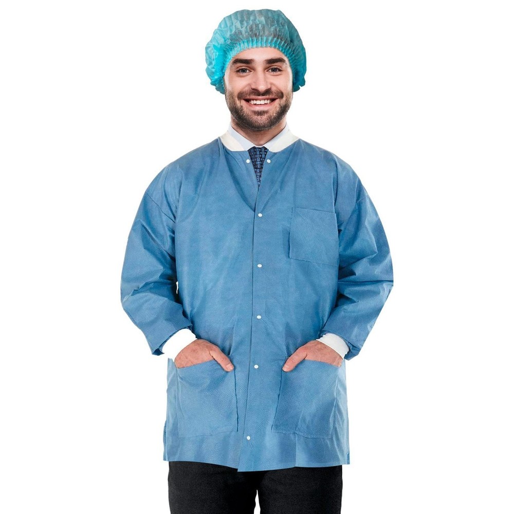 Disposable Lab Jackets SMS Ceil Blue Snap Front 100 Count Small 29 in