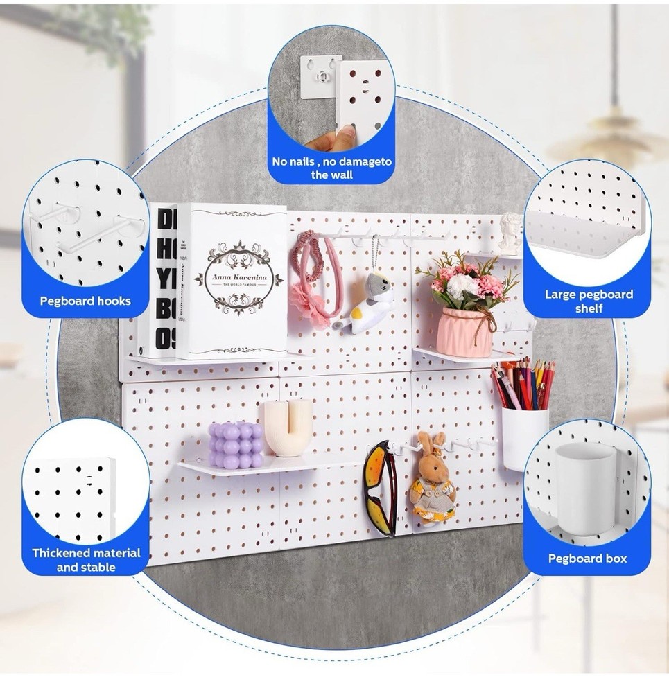 58 Pcs Pegboard Organizer Kits Plastic Pegboard Wall Panel Mount Display